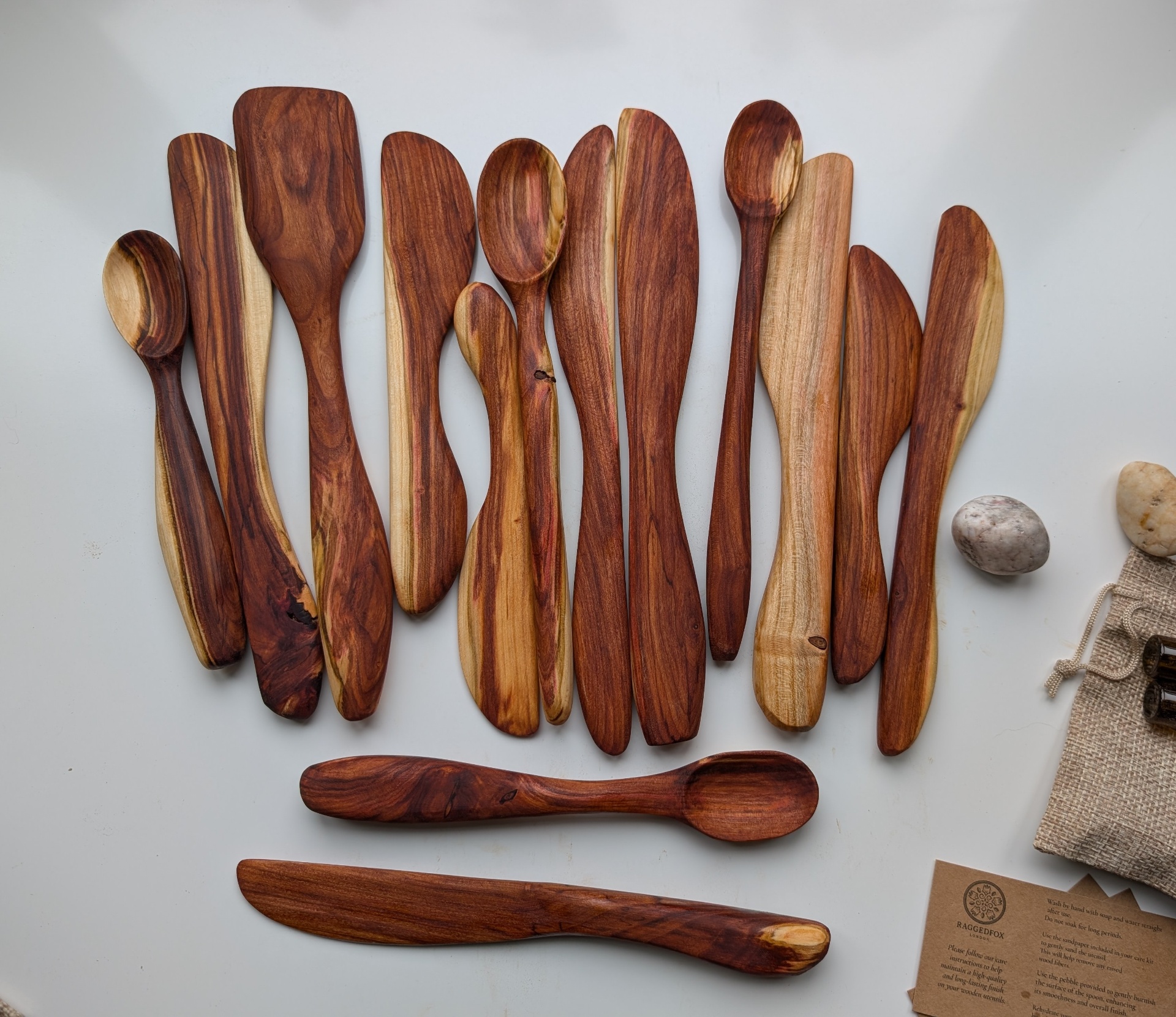 Raggedfox range of wooden utensils with care card and burlap gift pouch