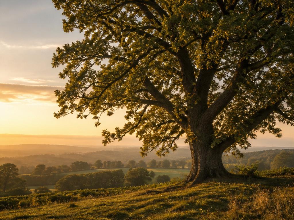Mature oak tree in a British countryside meadow
