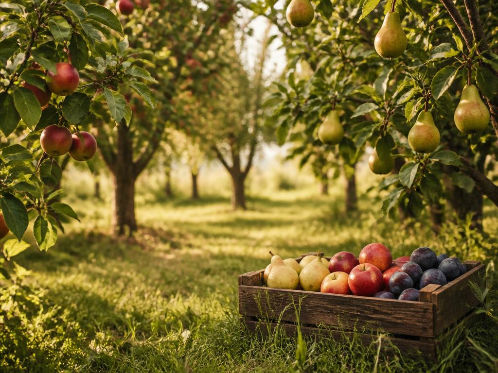 Orchard with apple, pear and plum trees